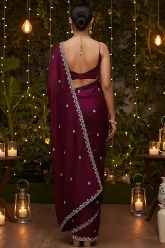 Purple embellished embroidered satin heavy work saree