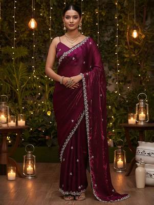 Purple embellished embroidered satin heavy work saree 4