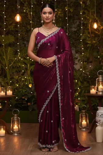 Purple embellished embroidered satin heavy work saree