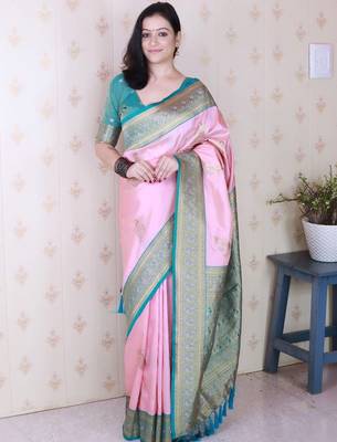Pink ethnic motifs zari silk blend banarasi saree 1