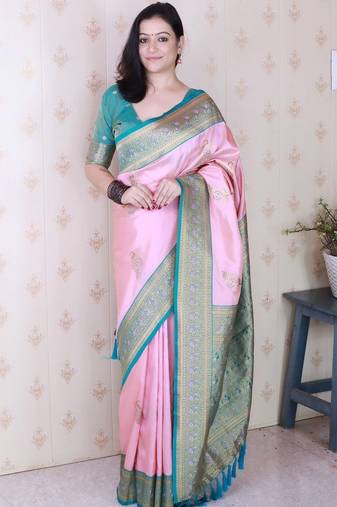 Pink ethnic motifs zari silk blend banarasi saree