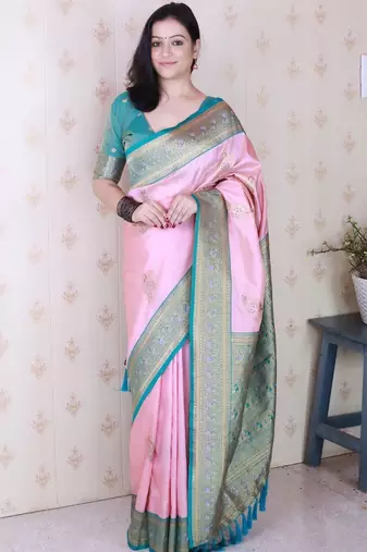 Pink ethnic motifs zari silk blend banarasi saree