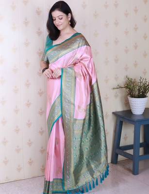 Pink ethnic motifs zari silk blend banarasi saree 2
