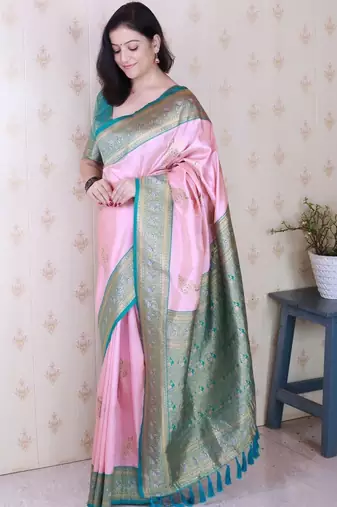 Pink ethnic motifs zari silk blend banarasi saree