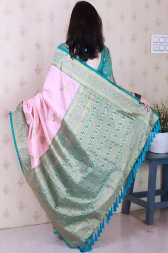 Pink ethnic motifs zari silk blend banarasi saree