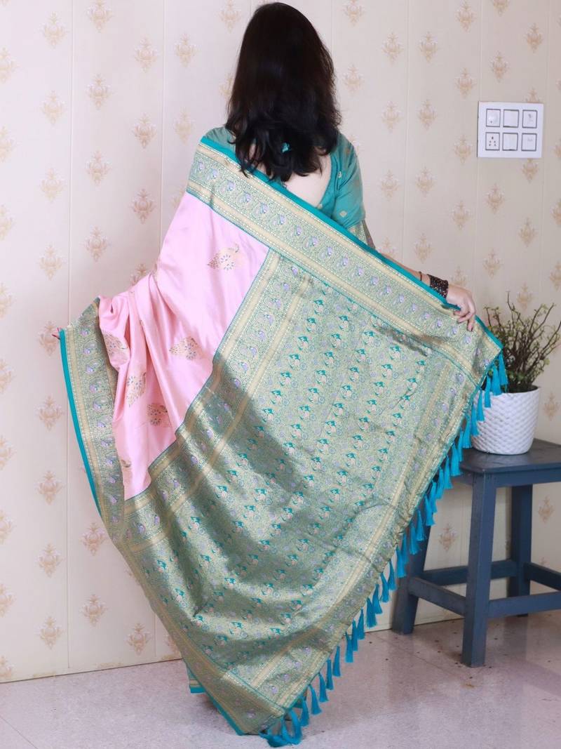 Pink ethnic motifs zari silk blend banarasi saree