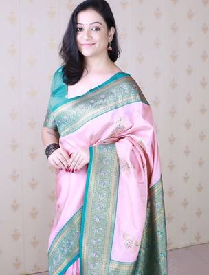 Pink ethnic motifs zari silk blend banarasi saree 4