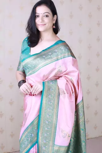 Pink ethnic motifs zari silk blend banarasi saree