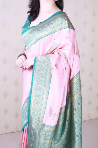 Pink ethnic motifs zari silk blend banarasi saree