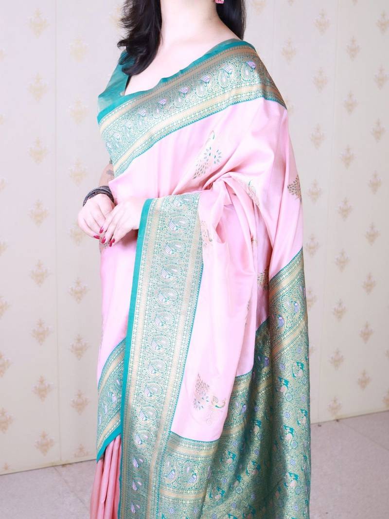 Pink ethnic motifs zari silk blend banarasi saree
