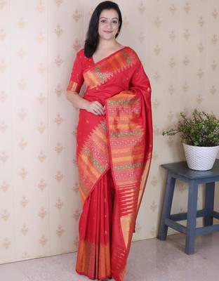 Red woven design zari silk blend handloom kanjeevaram saree 1