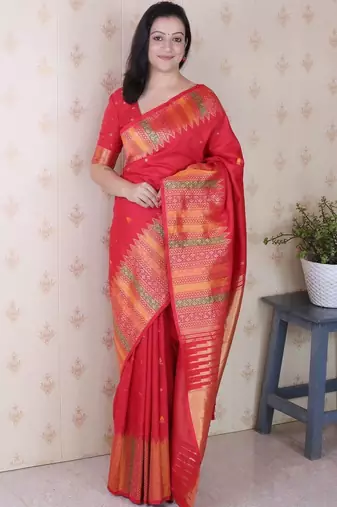 Red woven design zari silk blend handloom kanjeevaram saree