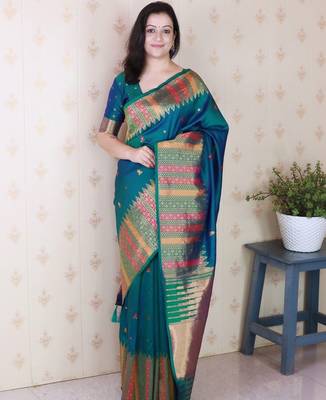 Teal woven design zari silk blend handloom kanjeevaram saree 1