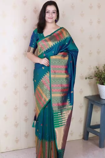 Teal woven design zari silk blend handloom kanjeevaram saree