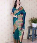 Teal woven design zari silk blend handloom kanjeevaram saree