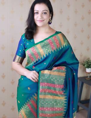 Teal woven design zari silk blend handloom kanjeevaram saree 2