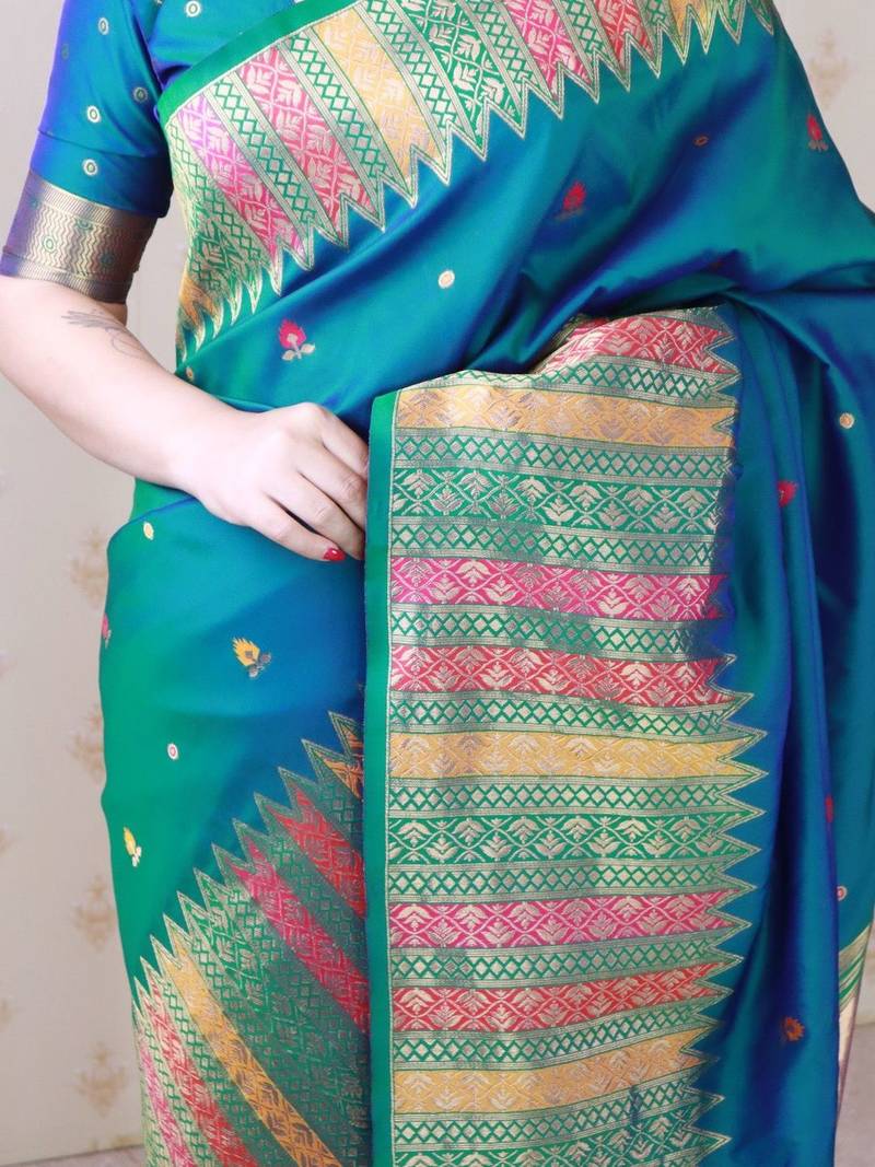 Teal woven design zari silk blend handloom kanjeevaram saree