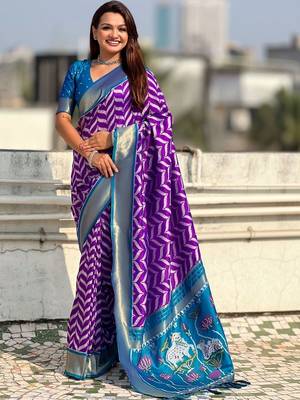 Purple woven design zari silk blend designer banarasi saree 1