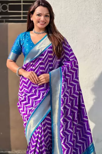 Purple woven design zari silk blend designer banarasi saree