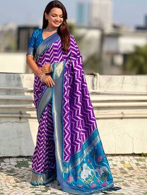 Purple woven design zari silk blend designer banarasi saree 4