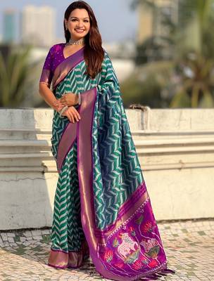 Teal woven design zari banarasi saree with blouse piece 1