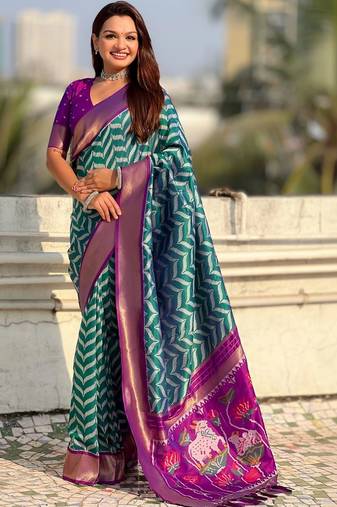 Teal woven design zari banarasi saree with blouse piece