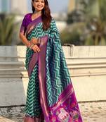 Teal woven design zari banarasi saree with blouse piece