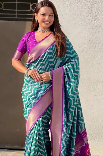 Teal woven design zari banarasi saree with blouse piece