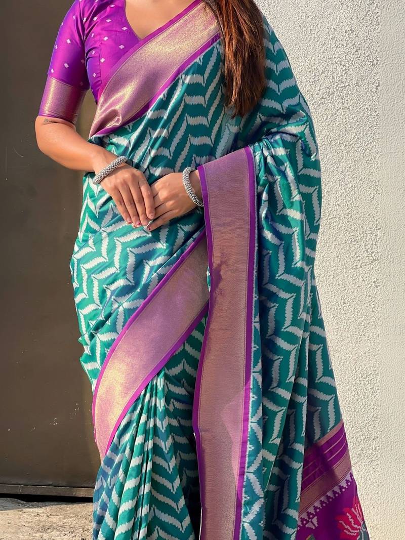 Teal woven design zari banarasi saree with blouse piece