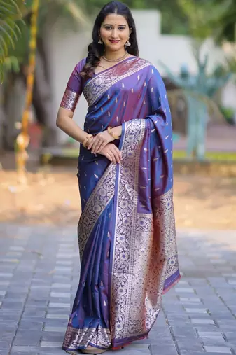 Navy blue woven design zari silk blend handloom banarasi saree