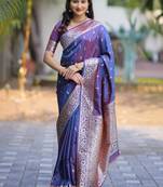 Navy blue woven design zari silk blend handloom banarasi saree