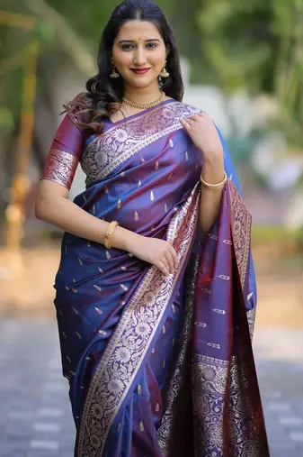 Navy blue woven design zari silk blend handloom banarasi saree