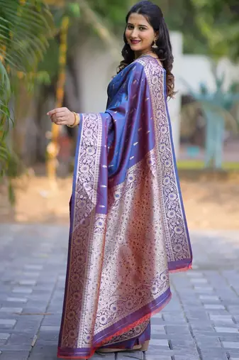Navy blue woven design zari silk blend handloom banarasi saree