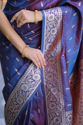 Navy blue woven design zari silk blend handloom banarasi saree