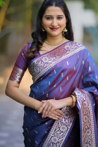 Navy blue woven design zari silk blend handloom banarasi saree