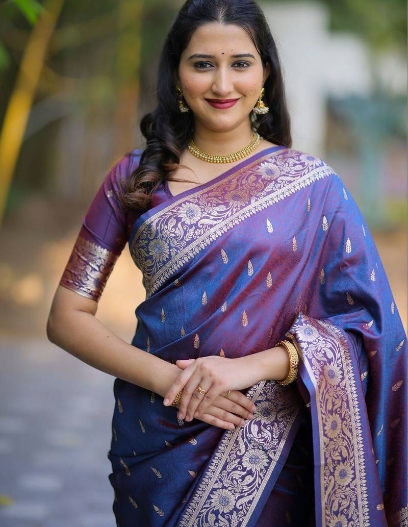 Navy blue woven design zari silk blend handloom banarasi saree