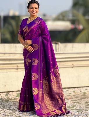 Purple floral zari silk blend designer banarasi saree 1
