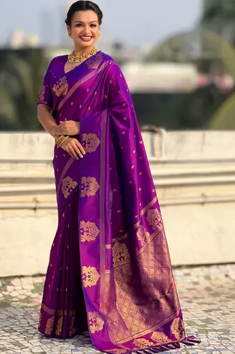 Purple floral zari silk blend designer banarasi saree