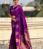 Purple floral zari silk blend designer banarasi saree