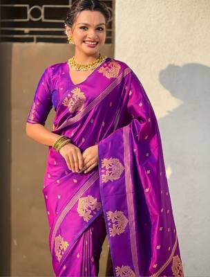 Purple floral zari silk blend designer banarasi saree 2