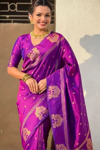 Purple floral zari silk blend designer banarasi saree