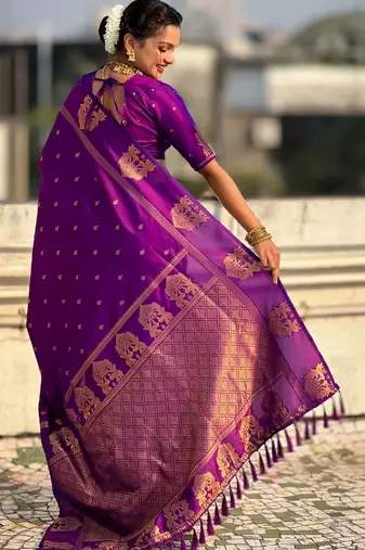 Purple floral zari silk blend designer banarasi saree