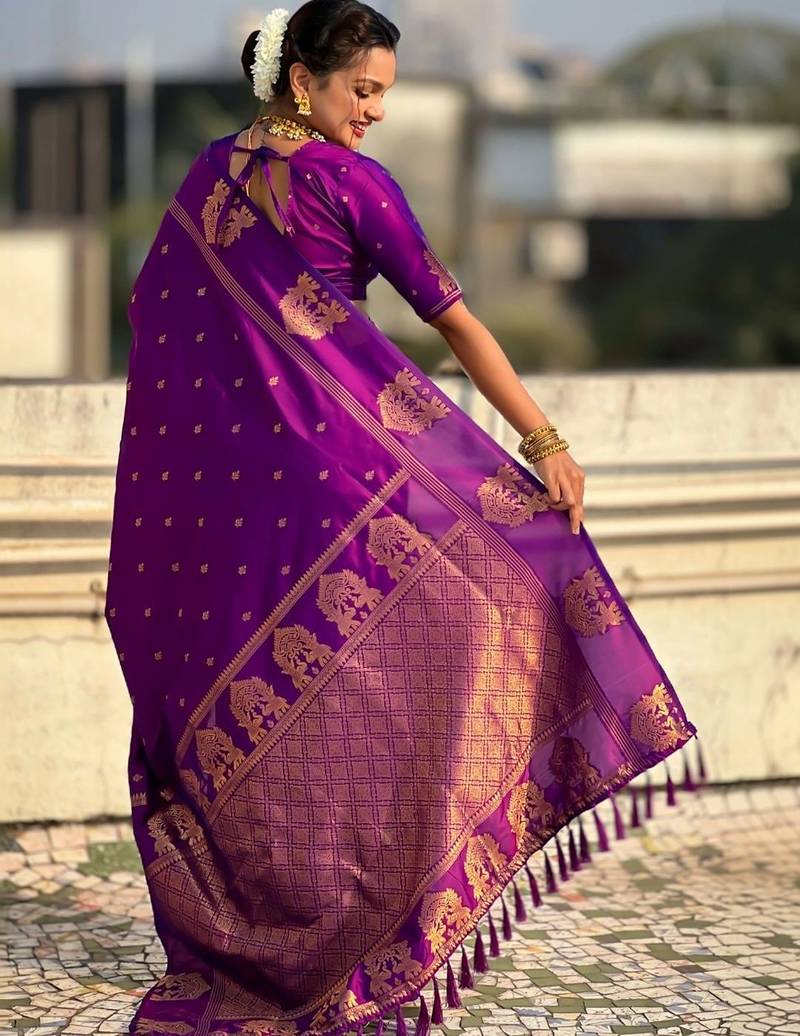 Purple floral zari silk blend designer banarasi saree