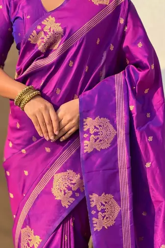Purple floral zari silk blend designer banarasi saree