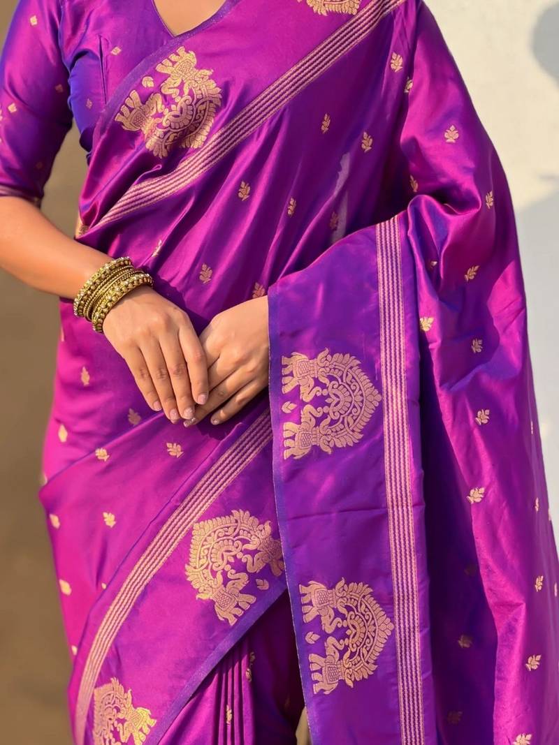 Purple floral zari silk blend designer banarasi saree