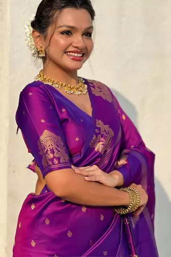 Purple floral zari silk blend designer banarasi saree