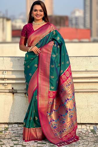 Green woven design zari silk blend paithani saree