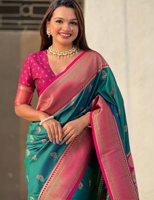 Green woven design zari silk blend paithani saree 2