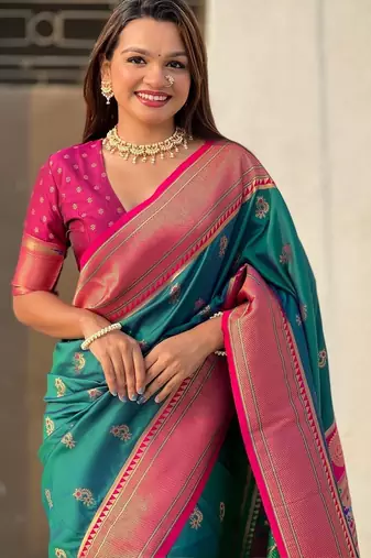 Green woven design zari silk blend paithani saree