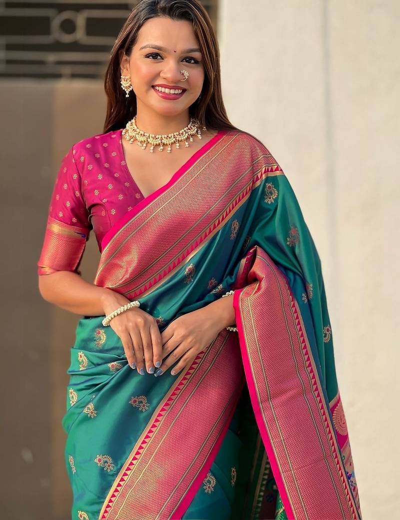 Green woven design zari silk blend paithani saree